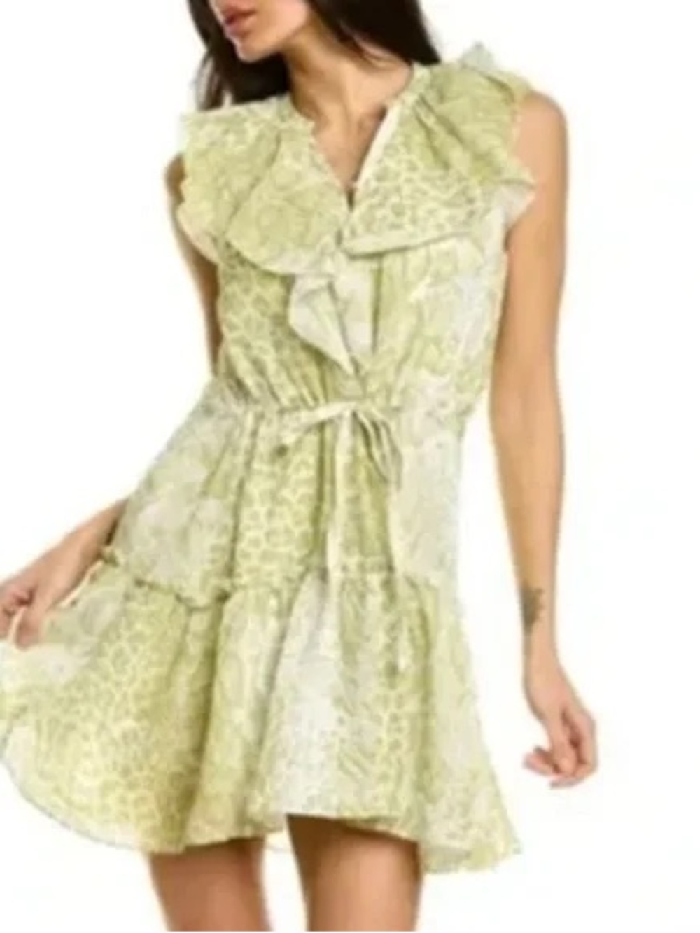 All Saints Ali Noche Snake Print Light Green Ruffle Tie-Waist Mini Dress